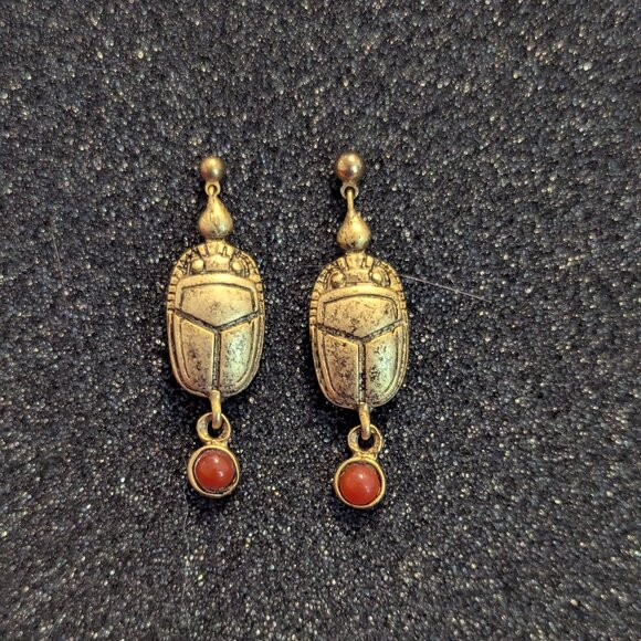 Vintage Scarab Beetle Carnelian Egyptian Earrings Art Deco Victorian Boho Post - Picture 4 of 4